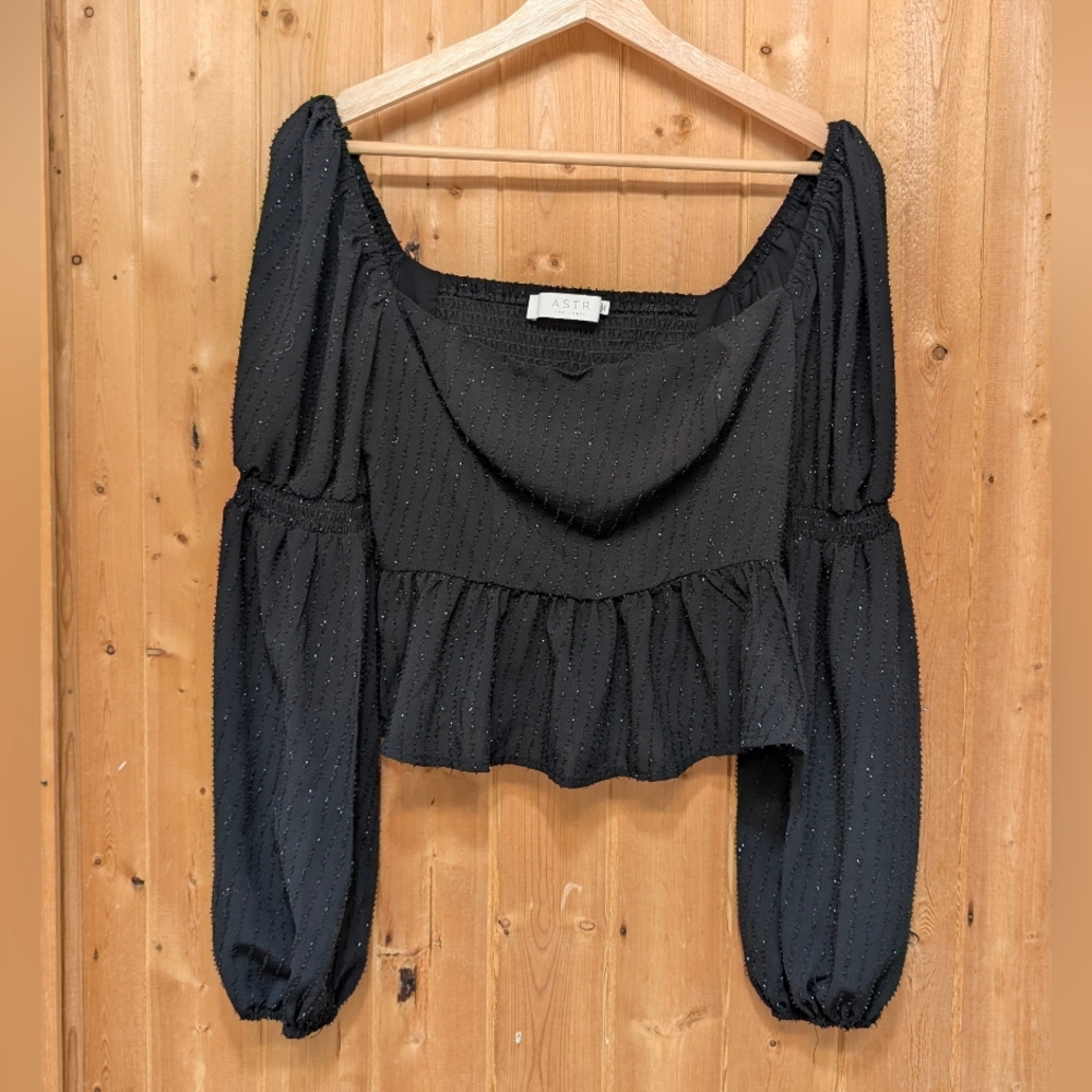 ASTR Black Square Neck Long Puff Sleeve Blouse with Shimmer Effect